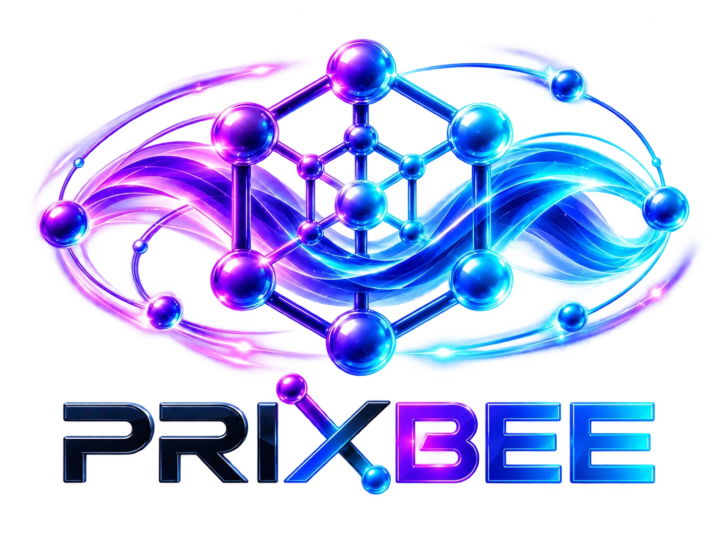 Identidad visual de Prixbee: una red molecular en tonos violeta y cian sobre el logotipo PRIXBEE